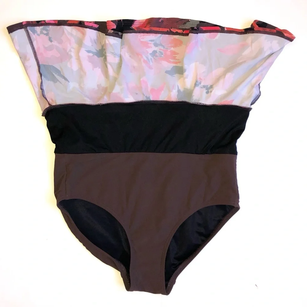Lands End Swim Coral Pink Tankini and Brown Floral Swim Skirt 4P 4 Petite